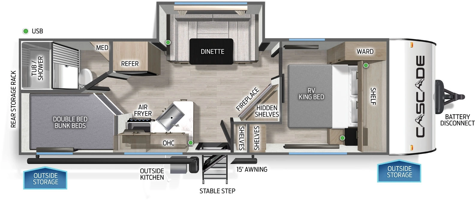 The Cascade 23MSC floorplan has one entry and one slide out. Exterior features include: fiberglass exterior, 15' awning and outside kitchen. Interiors features include: bunk beds, u-dinette and front bedroom.